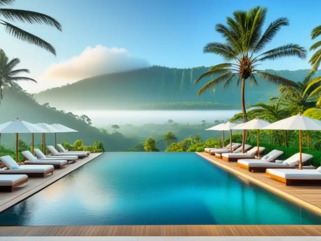 Resort de lujo entre exuberante vegetación en Asia Un resort de lujo en Asia, con moderna arquitectura, piscina infinita y exuberante vegetación