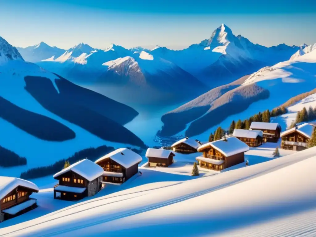 Esplendor alpino: resort de lujo entre montañas nevadas Un resort de esquí de lujo entre montañas nevadas, chalets elegantes, pista de esquí y lago congelado