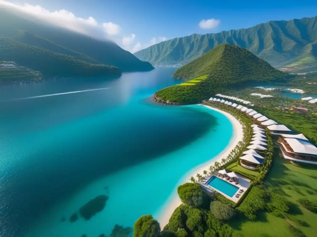 Paraíso vacacional: resort de lujo entre montañas y aguas turquesa Un resort de lujo entre montañas verdes y aguas turquesas, con arquitectura moderna, piscinas infinitas y villas privadas