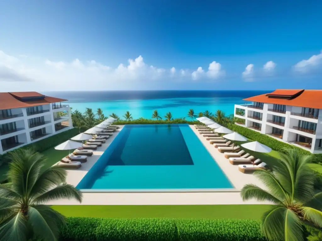 Paraíso tropical: resort de lujo con piscina infinita frente al mar Un resort de lujo en un paraíso tropical con una piscina infinita que se funde con el horizonte del mar