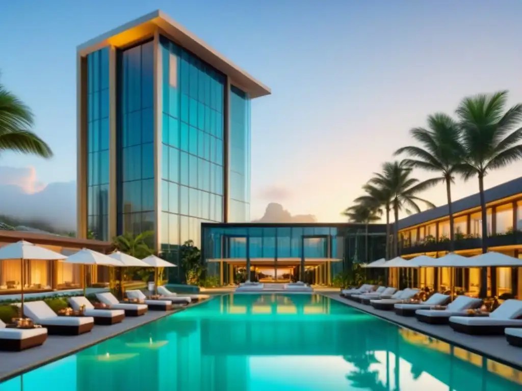 Resort de lujo con piscina turquesa al atardecer Un resort de lujo con paredes de vidrio, palmeras verdes y una piscina turquesa