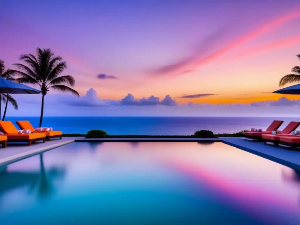 Exclusiva piscina infinita al atardecer en playa paradisíaca Resort de lujo con piscina infinita y playa al atardecer