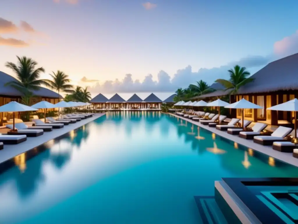 Resort de lujo: piscina infinita en paraíso tropical Resort de lujo con piscina infinity y cabanas en un entorno tropical al atardecer, ideal para resorts de tiempo compartido lujo