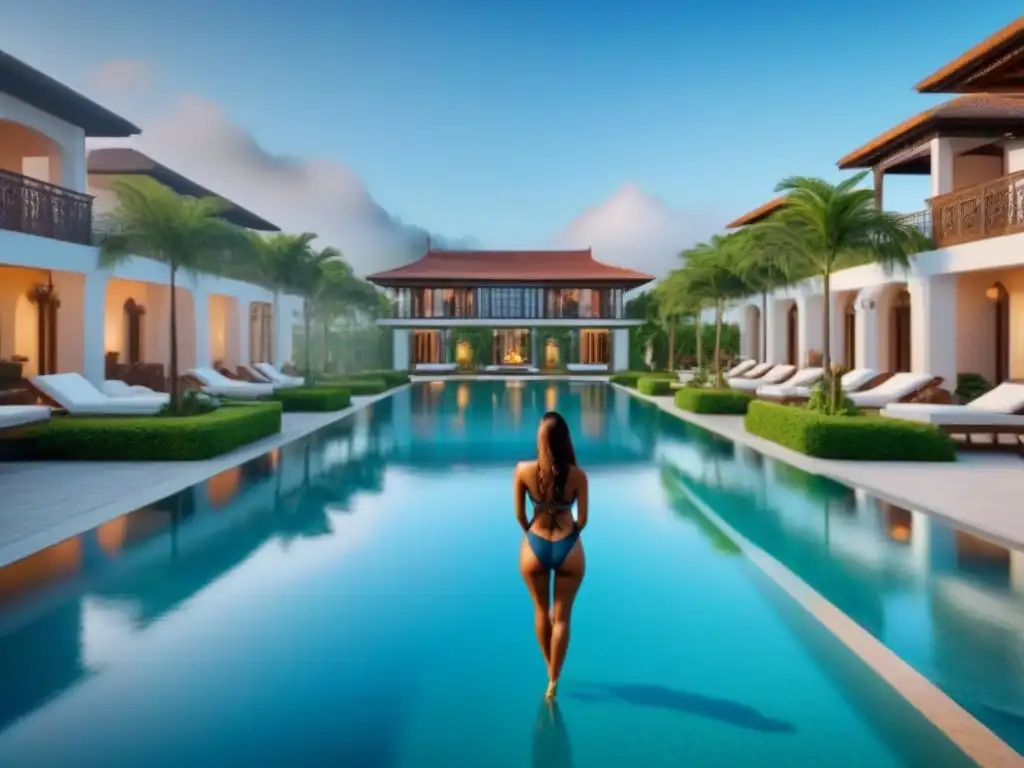 Resort de lujo: destino exclusivo para historias de reventa exitosa en tiempo compartido Un resort de lujo con piscinas, vegetación exuberante y arquitectura elegante, ideal para estrategias innovadoras reventa tiempo compartido