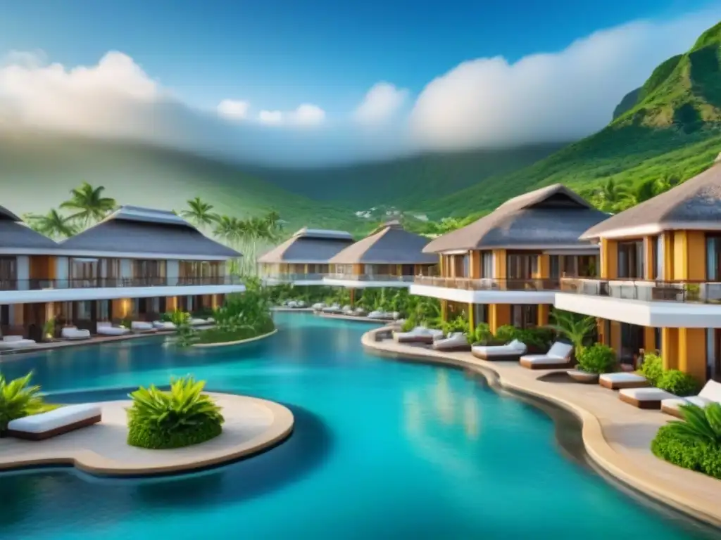 Resort de lujo frente al mar: escapada paradisíaca 8K Resort de lujo con piscinas y paisajes tropicales, reflejando relajación y escape