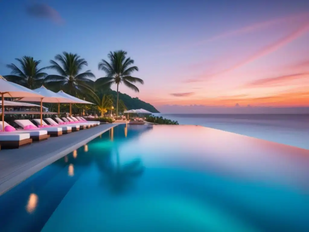 Resort de lujo frente al mar: atardecer de ensueño y relax Un resort de lujo en la playa con aguas turquesas, palmeras y piscinas infinitas, ideal para invertir en tiempo compartido