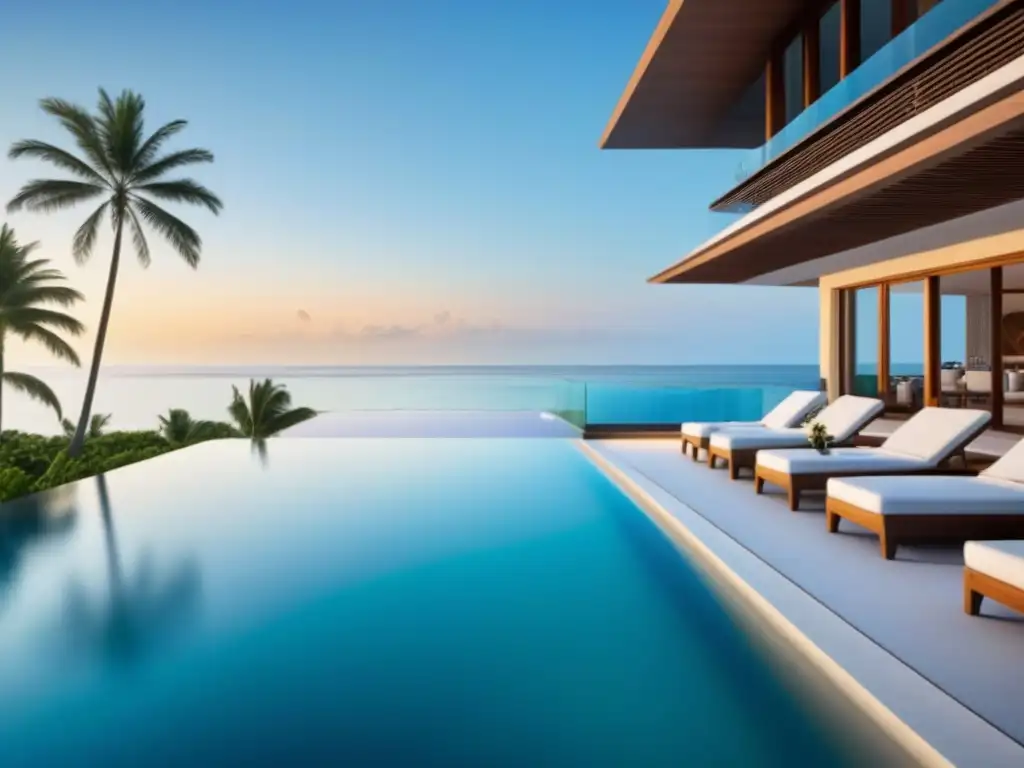 Paraíso de lujo: resort frente al mar con piscina infinita y diseño moderno Un resort de lujo en la playa con arquitectura moderna, piscina infinita y ambiente sofisticado al atardecer