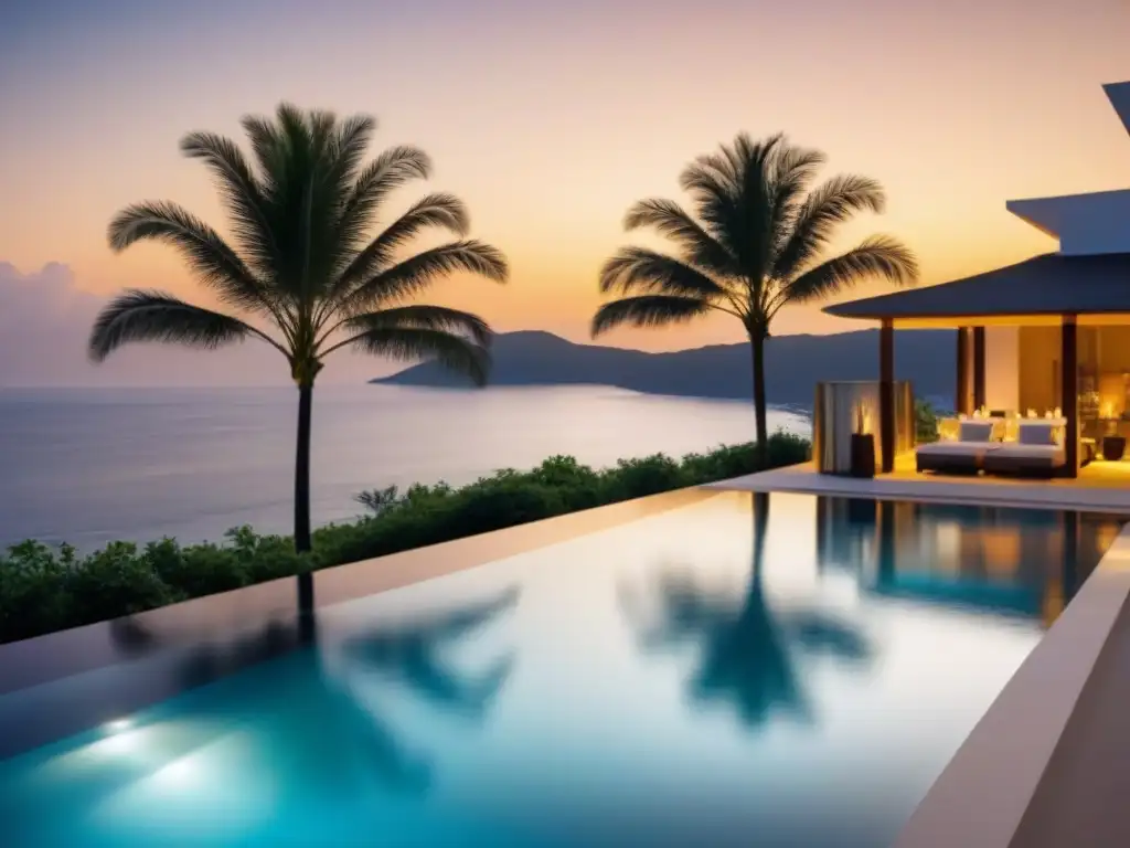 Resort de lujo: atardecer exclusivo en paraíso costero Un resort de lujo en la playa con arquitectura moderna, piscinas infinitas y palmeras