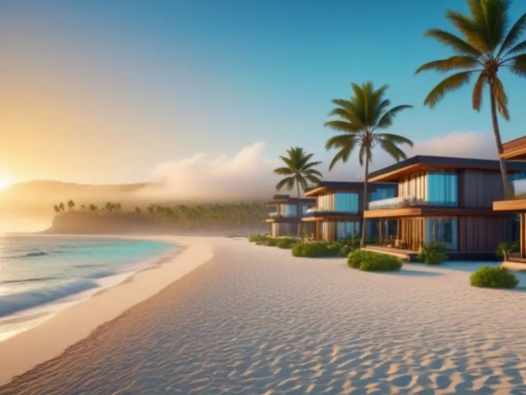Resort de lujo en destino exótico: aguas turquesa y arquitectura moderna Un resort de lujo en una playa exótica con aguas turquesas, palmeras y arquitectura moderna