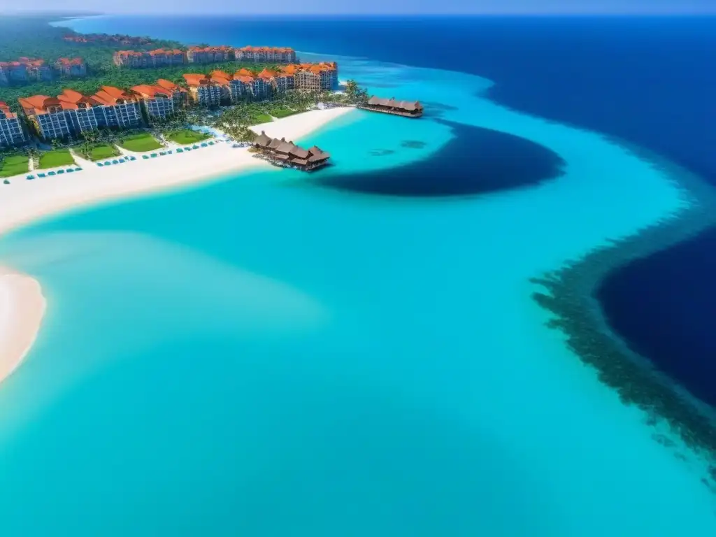 Paraíso tropical: complejo de lujo frente al mar Resort de lujo en playa paradisíaca con piscinas infinity, palmeras y villas frente al mar