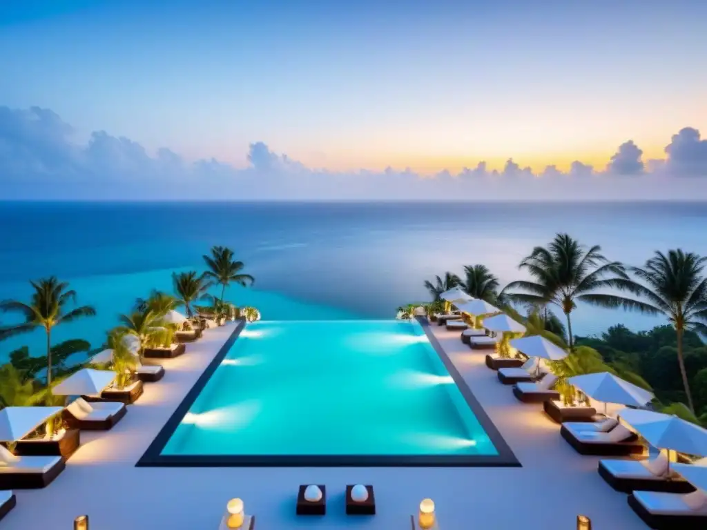 Resort de lujo frente al mar: infinity pools, atardeceres y exclusividad Un resort de lujo en la playa con piscinas infinitas y jardines bien cuidados