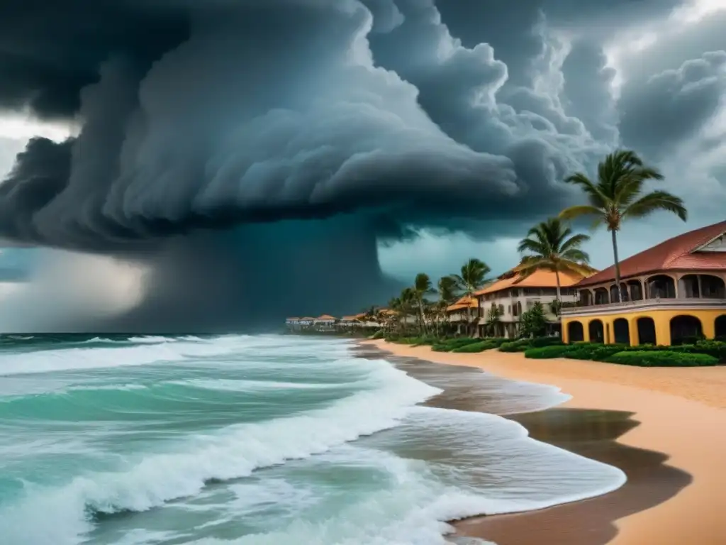 Resort de lujo en tormenta: crisis climática en la industria de tiempos compartidos Resort de lujo en la playa enfrenta riesgos climáticos con tormenta y olas poderosas