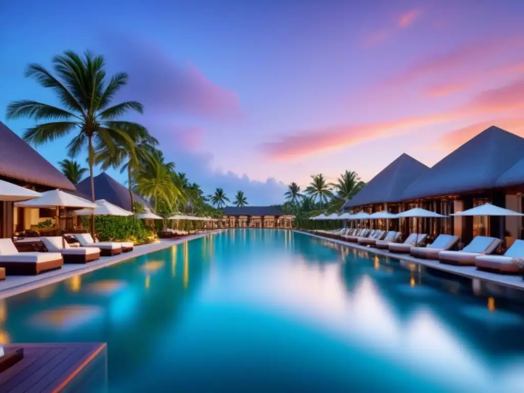 Resort de lujo en la playa: elegancia y sofisticación Un resort de lujo en una playa tropical, reflejando el atardecer en sus piscinas infinitas