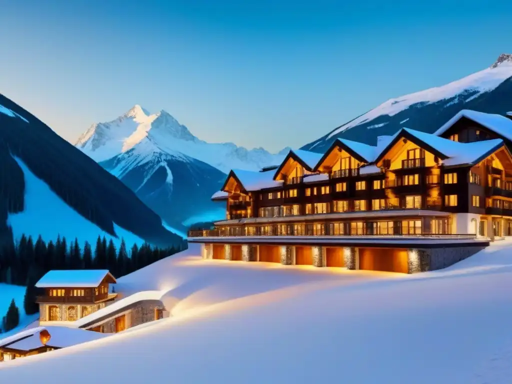 Resort de lujo en la nieve: opulencia y exclusividad Un resort de esquí de lujo con servicios exclusivos y arquitectura moderna en las montañas nevadas