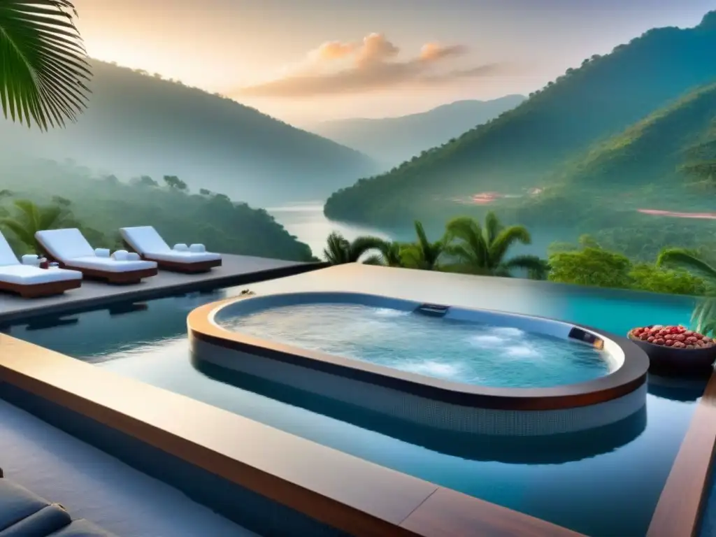 Spa de lujo en las montañas: piscina infinita y atardecer dorado Resort de lujo con spa al atardecer, piscina infinita y palmeras altas