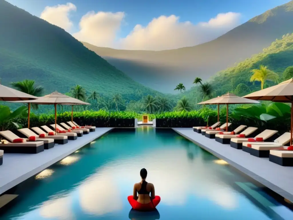 Spa de lujo en las montañas: oasis de relajación y tranquilidad Un resort de lujo con spa en la montaña, donde la naturaleza y la arquitectura se fusionan para crear un oasis de relajación