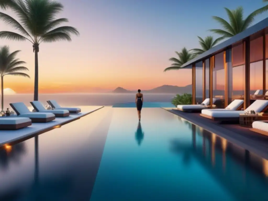 Resort de lujo con tecnología futurista y atardecer espectacular Resort de lujo con tecnología de vanguardia, arquitectura futurista y atardecer reflejado en paredes de cristal