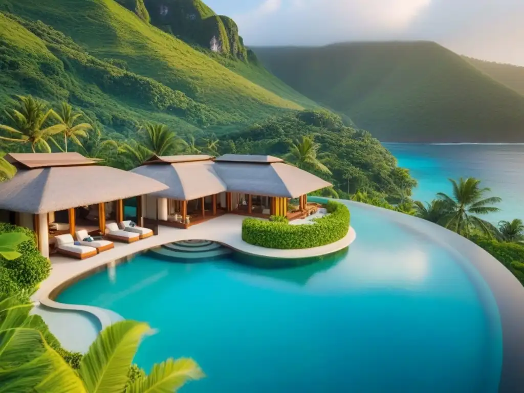 Paraíso de lujo: resort entre montañas verdes y aguas turquesas Un resort de lujo tiempo compartido entre montañas verdes y aguas turquesas, con arquitectura moderna y vistas panorámicas