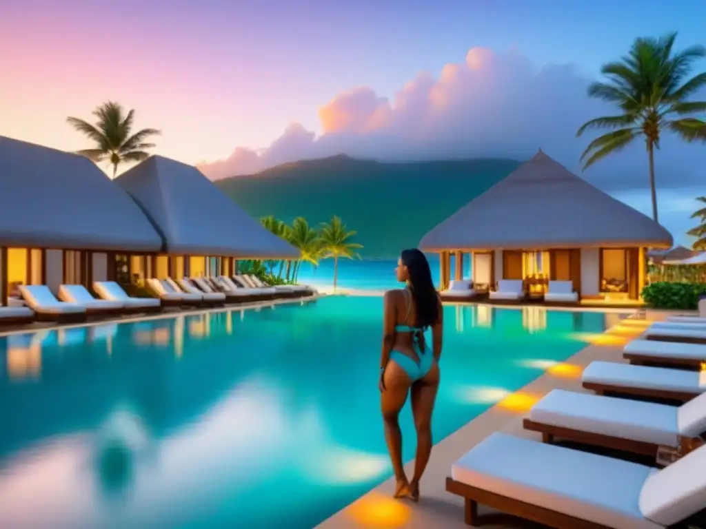 Resort de lujo en la playa: atardecer exclusivo en paraíso turquesa Resort lujoso frente a la playa con arquitectura moderna, aguas turquesas y atardecer dorado