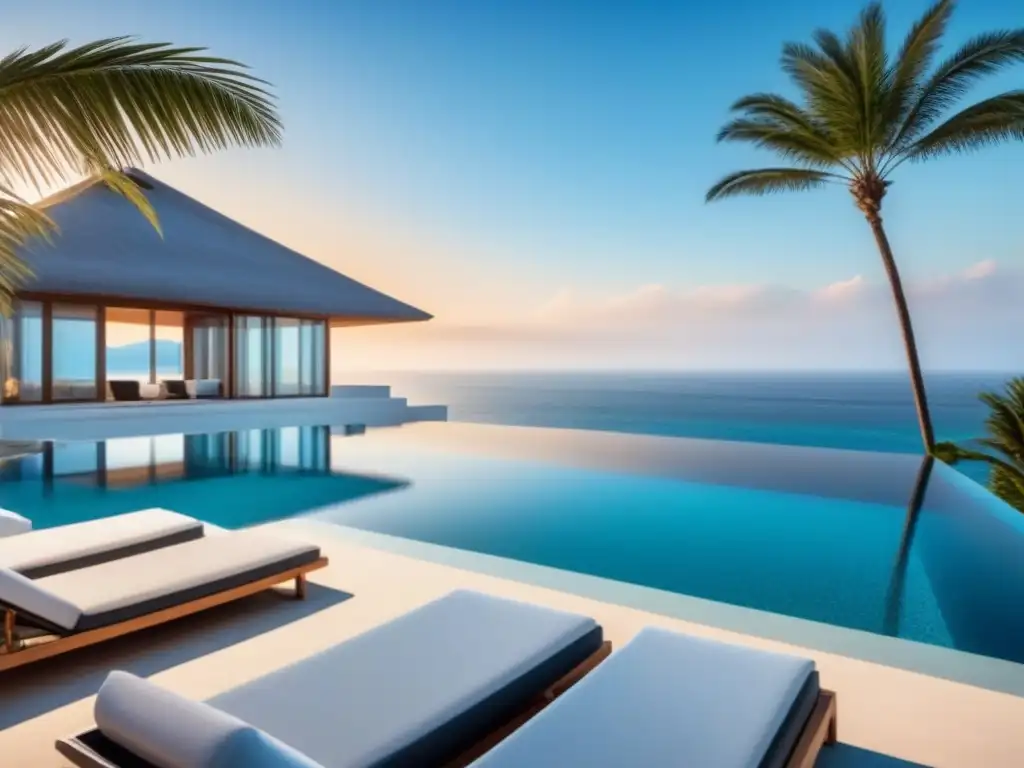 Resort de lujo con piscina infinita y diseño futurista Resort moderno de lujo con arquitectura elegante y piscina infinity