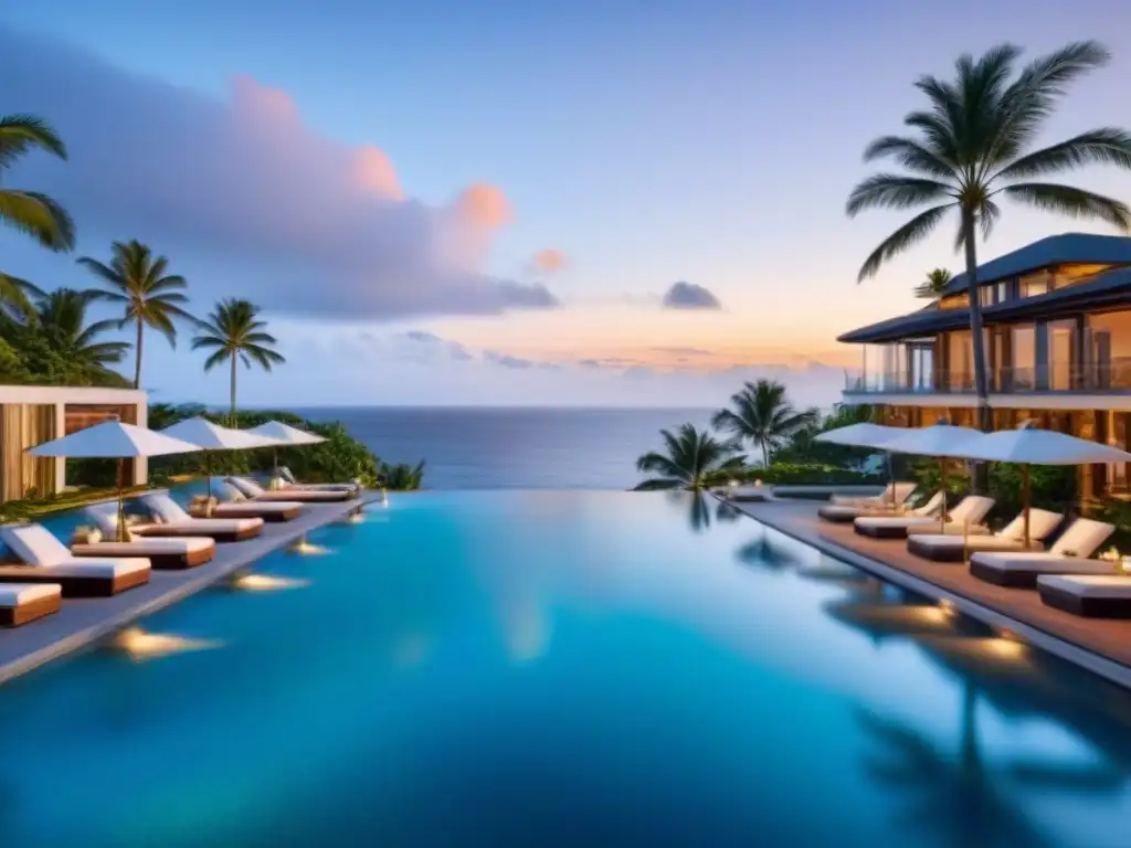Resort de lujo: Piscina relajante con vista al mar Resort moderno de lujo con elegante diseño y piscina, rodeado de palmeras y vista al mar