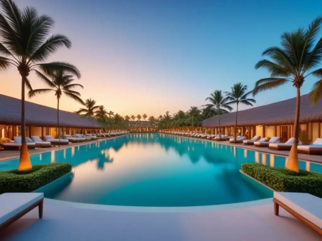 Resort de lujo al atardecer: Inversión en timeshare Un resort moderno de lujo con múltiples unidades de tiempos compartidos, piscina turquesa y palmeras, ideal para estrategias de rentabilidad