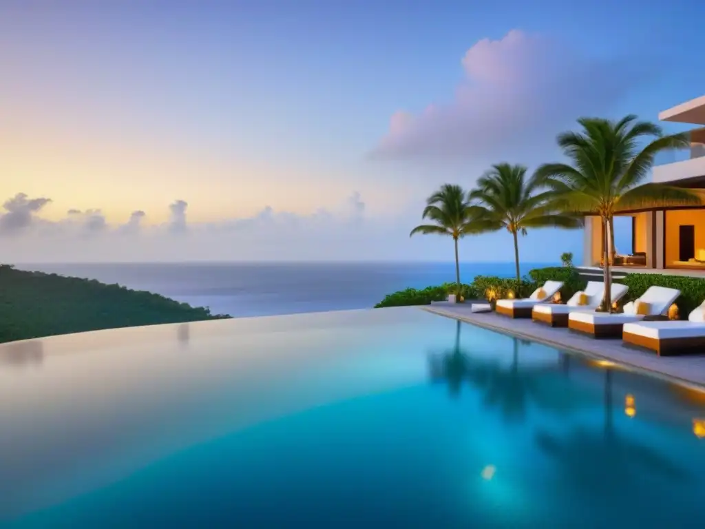 Resort de lujo con piscina infinita y atardecer dorado Un resort moderno y lujoso con piscina infinita, atardecer dorado sobre palmeras y turistas elegantes