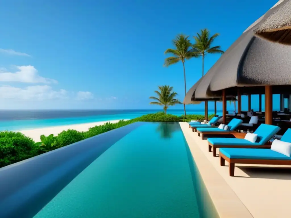 Resort de lujo frente al mar: exclusividad y relajación en 2023 Un resort de playa lujoso y moderno con piscinas infinitas, palmeras y mobiliario de lujo