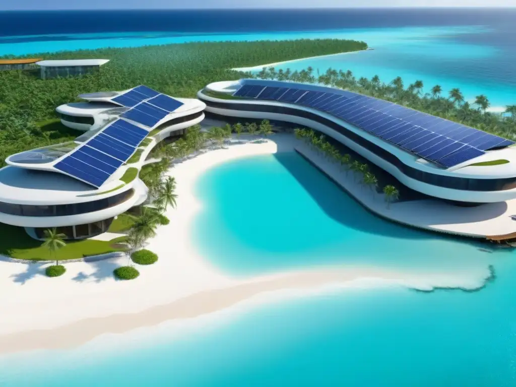 Resort sostenible de lujo en la playa: futuro en 8k Resort sostenible de lujo en playa, con diseño moderno y ecoamigable