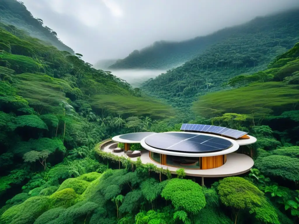 Paraíso ecológico: resort sostenible en la selva Un resort sostenible en la selva con paneles solares, turbinas eólicas y río cristalino