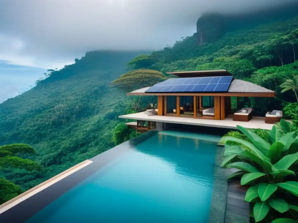 Resort ecológico de lujo en selva tropical: arquitectura sostenible y actividades ecoconscientes Resort sostenible en selva tropical con huéspedes disfrutando actividades eco, destacando 'Invertir en tiempo compartido sostenible'