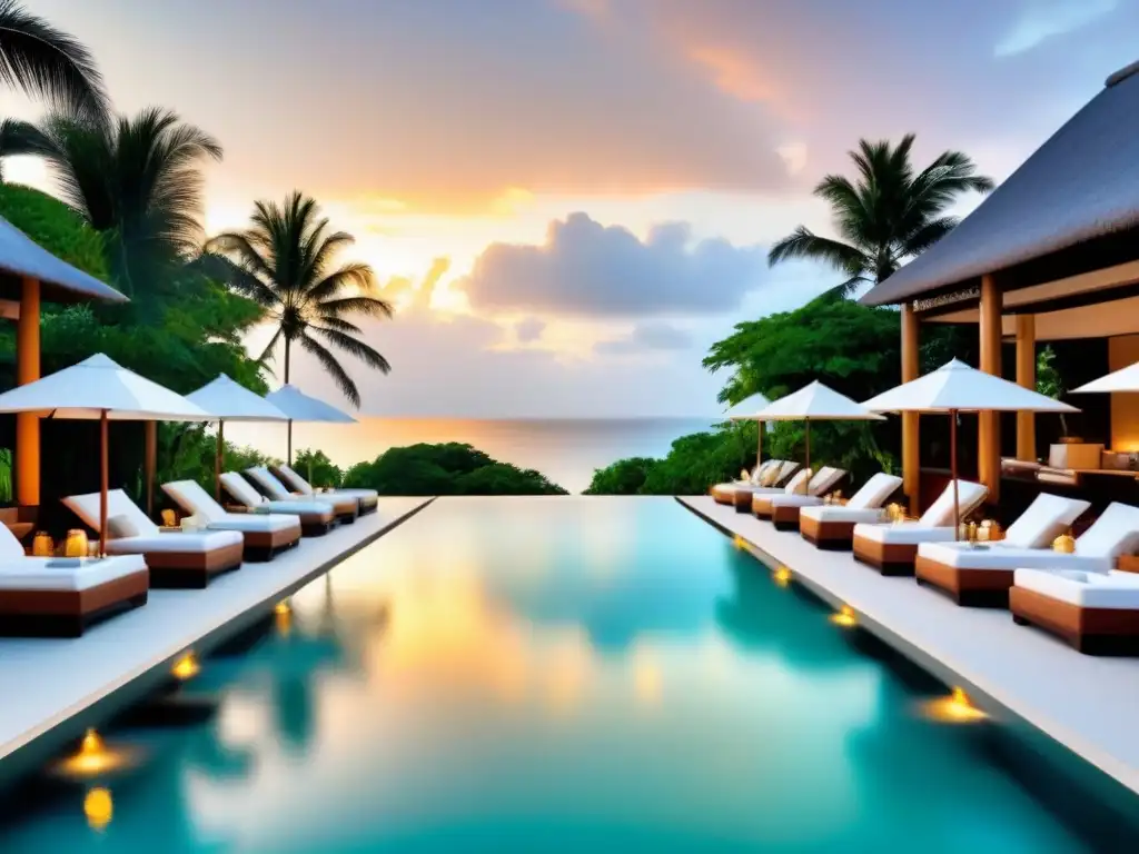Resort de lujo en paraíso tropical con piscina infinita y playa privada Resort de tiempo compartido lujo con arquitectura moderna, piscina infinita y playa privada, en medio de exuberante vegetación tropical al atardecer