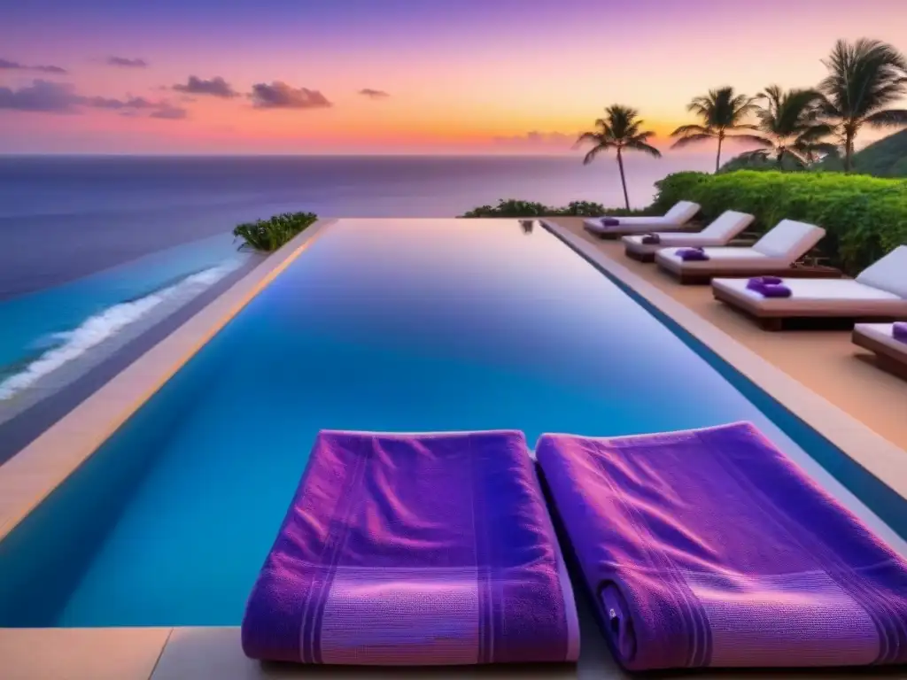 Paraíso tropical: infinity pool de lujo al atardecer Resort de tiempo compartido de lujo: Piscina infinita en la playa al atardecer con toallas y vegetación exuberante