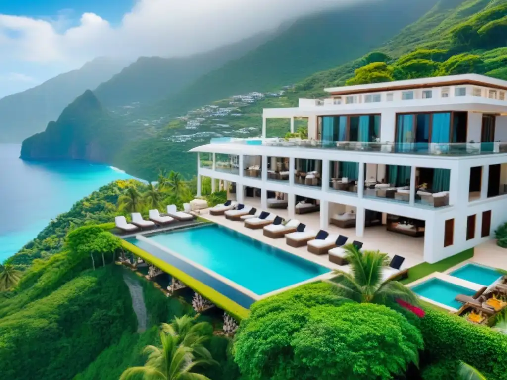 Resort de lujo entre montañas y mar turquesa Resort de tiempo compartido de lujo entre montañas verdes y océano turquesa, con arquitectura moderna y piscinas infinitas