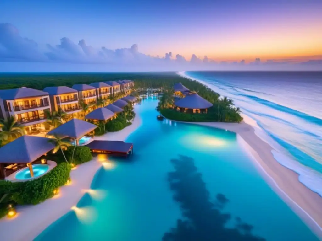 Resort de lujo frente al mar al atardecer Un resort de tiempo compartido de lujo con piscinas infinitas, villas exclusivas y una playa de aguas cristalinas al atardecer