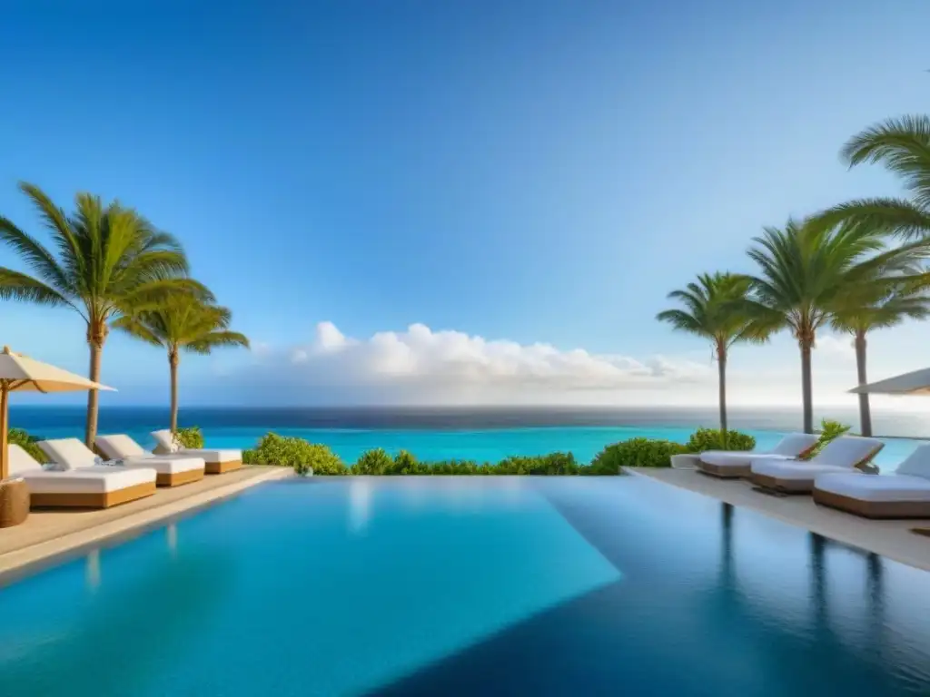 Paraíso tropical de lujo: infinity pool y bar moderno Resort de tiempo compartido de lujo en paraíso tropical con piscina infinita y elegantes cabanas, evocando opulencia y relajación