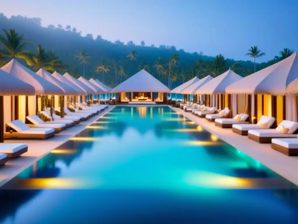 Resort de lujo con piscinas infinitas y vistas al mar turquesa Un resort de tiempo compartido de lujo con arquitectura moderna y piscinas infinitas que se funden con un océano turquesa