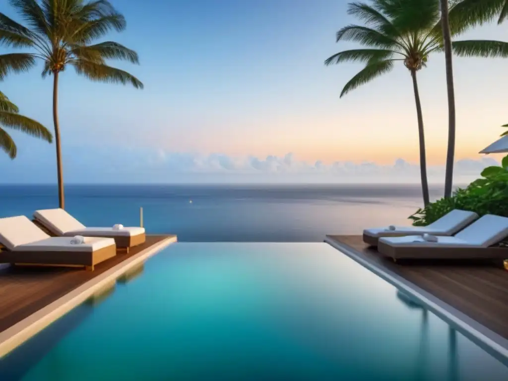 Piscina infinita de lujo con vistas a la playa Resort de tiempo compartido de lujo: Infinity pool con vista a la playa al atardecer, ambiente sereno y sofisticado