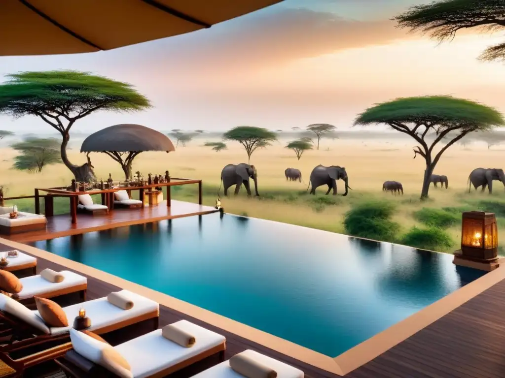 Safari de lujo en África: suites elegantes con piscinas privadas y fauna salvaje en la sabana Resort de tiempo compartido de lujo en África, tiendas elegantes con piscina privada, vistas a la sabana y fauna salvaje