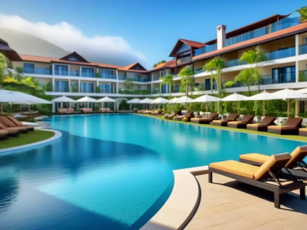 Paraíso de lujo: Resort de tiempo compartido para retirados Resort de tiempo compartido de lujo con piscinas y arquitectura elegante bajo un cielo azul