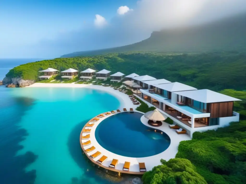 Resort de lujo frente al mar: opulencia y relax en un paraíso compartido Resort de tiempo compartido lujo: vista aérea de lujo con piscinas infinitas y villas privadas frente al mar