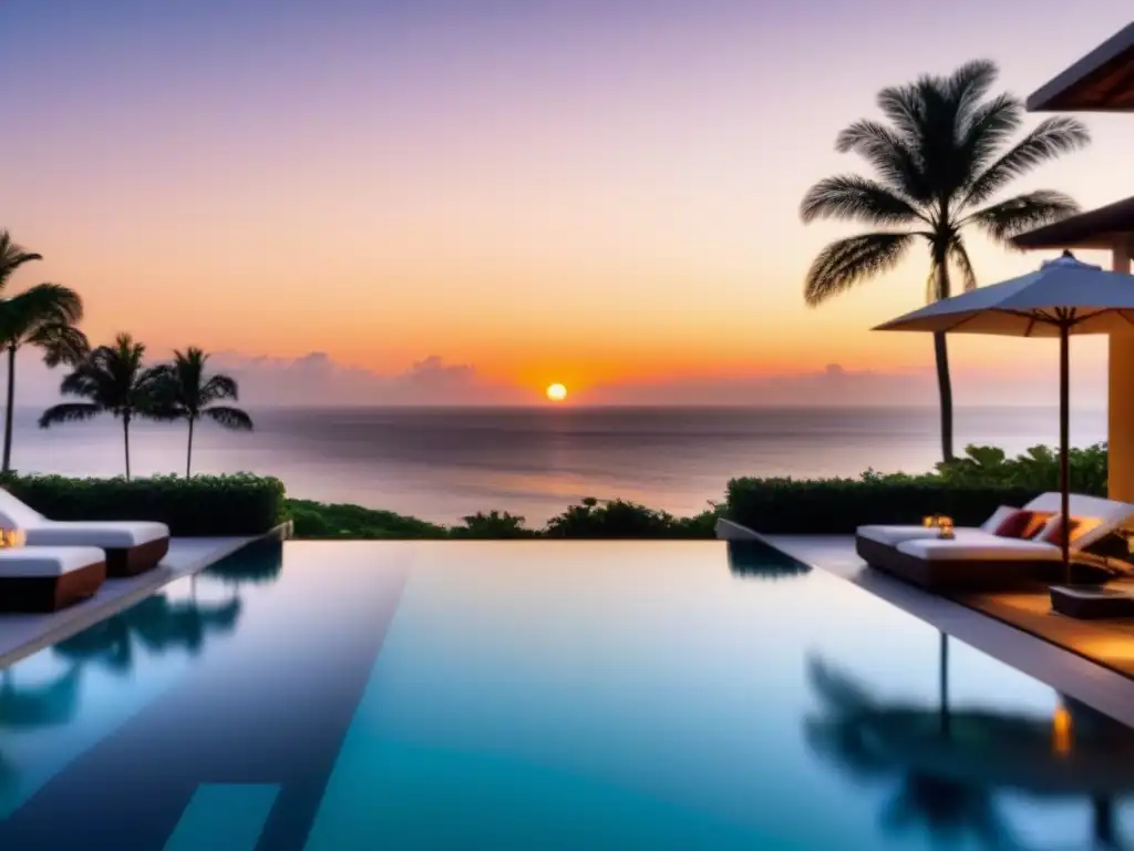 Resort de lujo con infinity pool y atardecer dorado Resort de tiempo compartido de lujo con piscina infinita y vista al mar al atardecer