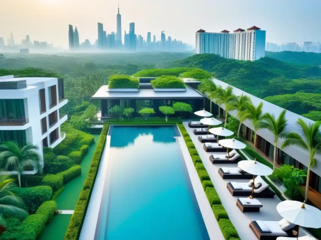 Paraíso urbano: Resort de lujo entre naturaleza y ciudad Resort de tiempo compartido de lujo en Asia: oasis urbano con piscina infinita y exuberante vegetación