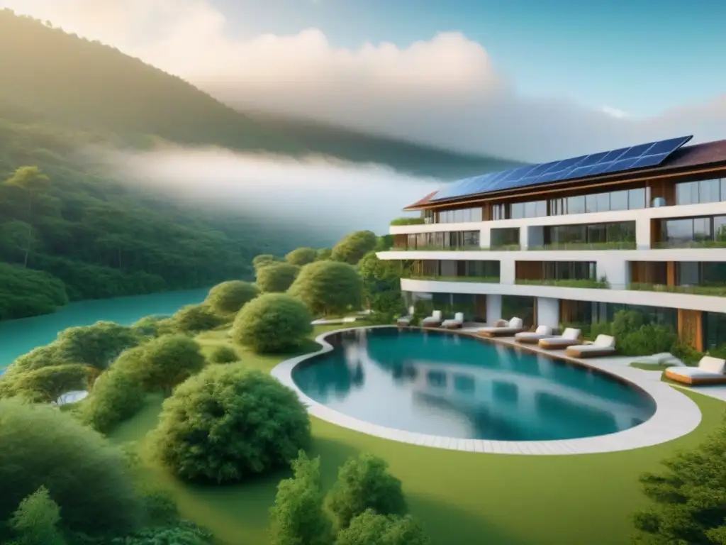 Resort de lujo sostenible en bosque verde Un resort de tiempo compartido sostenible en el bosque, con arquitectura ecológica y una piscina infinita