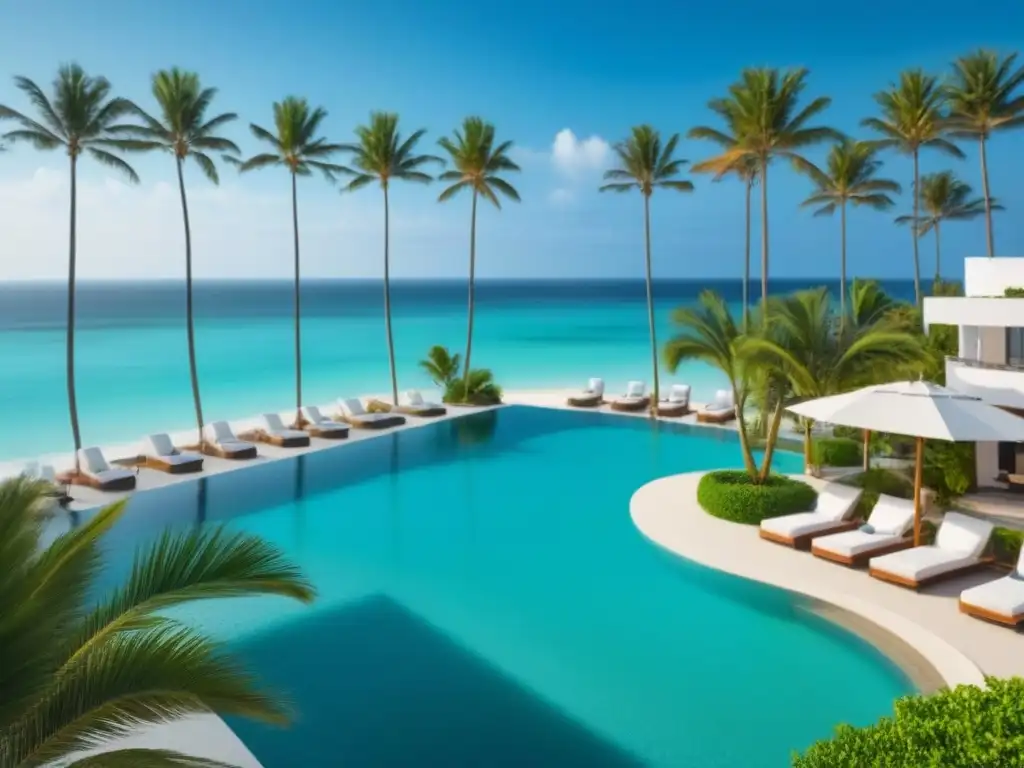 Paraíso playero: lujoso resort con vista panorámica y aguas cristalinas Resort de tiempo compartido vacaciones en la playa con vista panorámica, aguas turquesas y arquitectura moderna elegante
