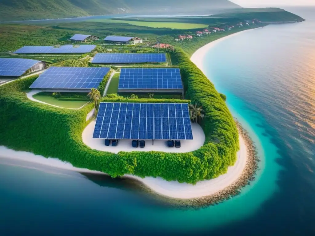 Resort eco-sostenible: lujo verde junto al mar Un resort de villas costeras rodeado de vegetación y agua azul, con paneles solares y autos eléctricos