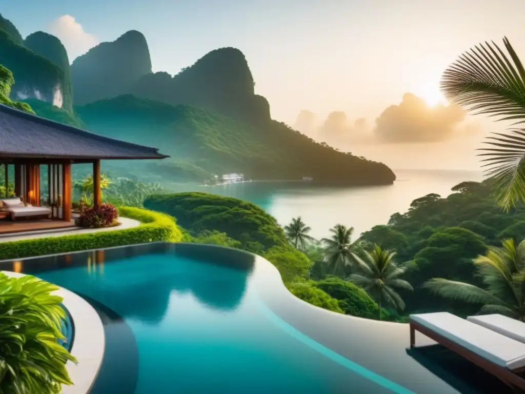 Paraíso tropical: lujoso resort con infinity pools en Asia Invierte en resortes de lujo en Asia: Exclusivo resort con infinity pools privadas y playa tropical al atardecer