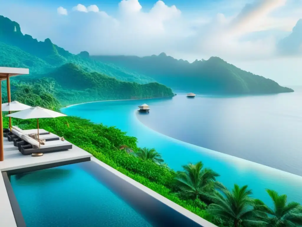 Resort de lujo en Asia: arquitectura innovadora y naturaleza exuberante Invertir en resortes de lujo Asia: Un lujoso resort futurista en Asia, con diseño innovador y vistas al mar, fusionando arquitectura con naturaleza