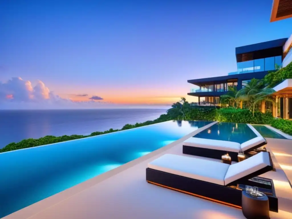 Complejo de lujo frente al mar: inversión exclusiva en paraíso tropical Invertir en resorts de lujo: Complejo turístico moderno de lujo con arquitectura elegante y exuberante vegetación tropical, piscina infinita con vista al mar y áreas de comedor al aire libre