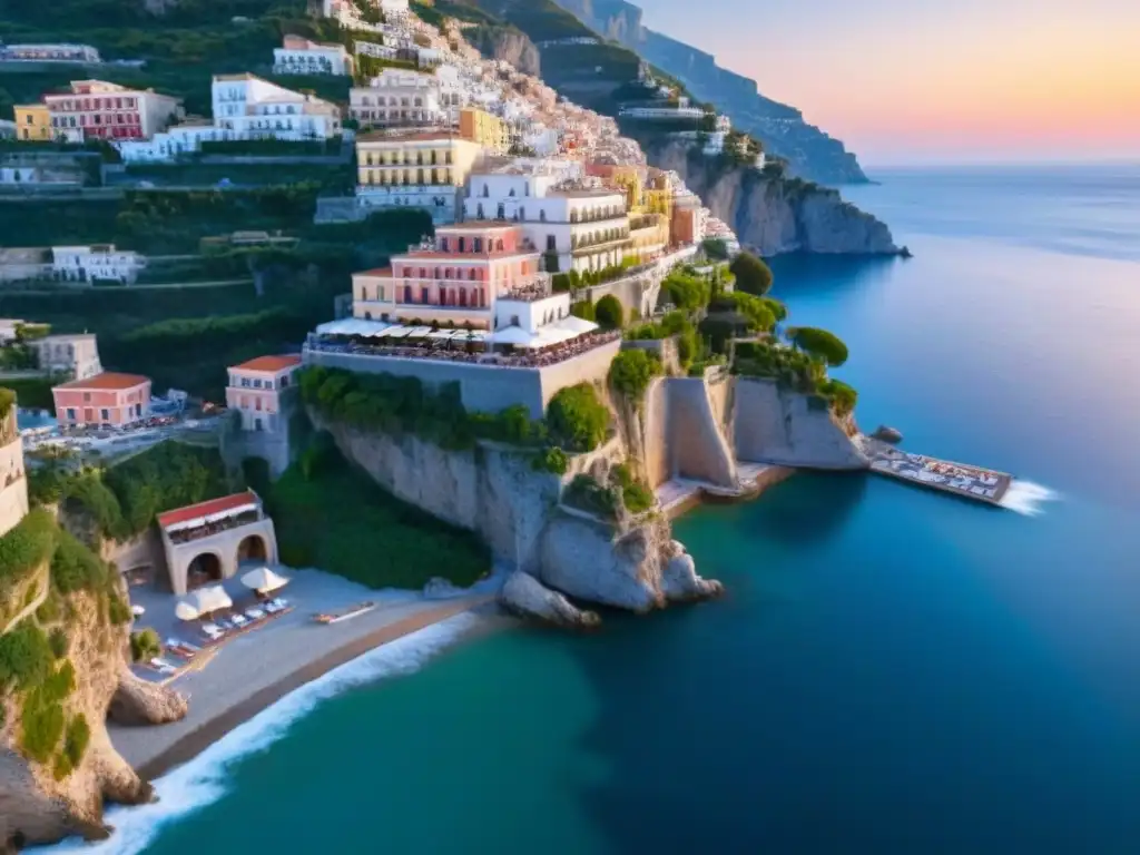 Costa Amalfitana: lujo y belleza en Italia Resorts de lujo en la costa de Amalfi, Italia, bañados por el Mediterráneo al atardecer